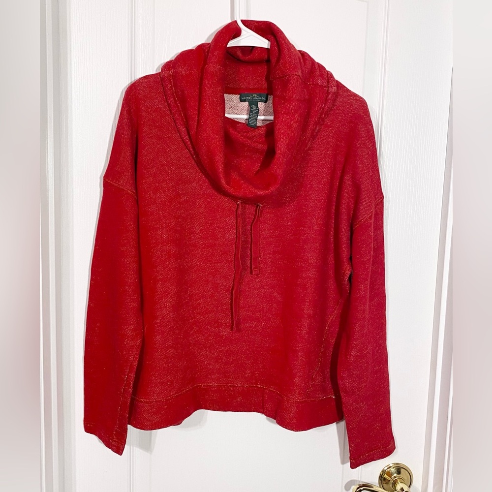 Y2K LRL Ralph Lauren French Terry Drawstring Cowl Neck Sweatshirt Red Size XL